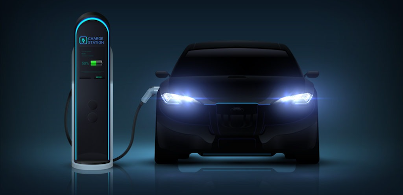 EV plugged to a charging station concept